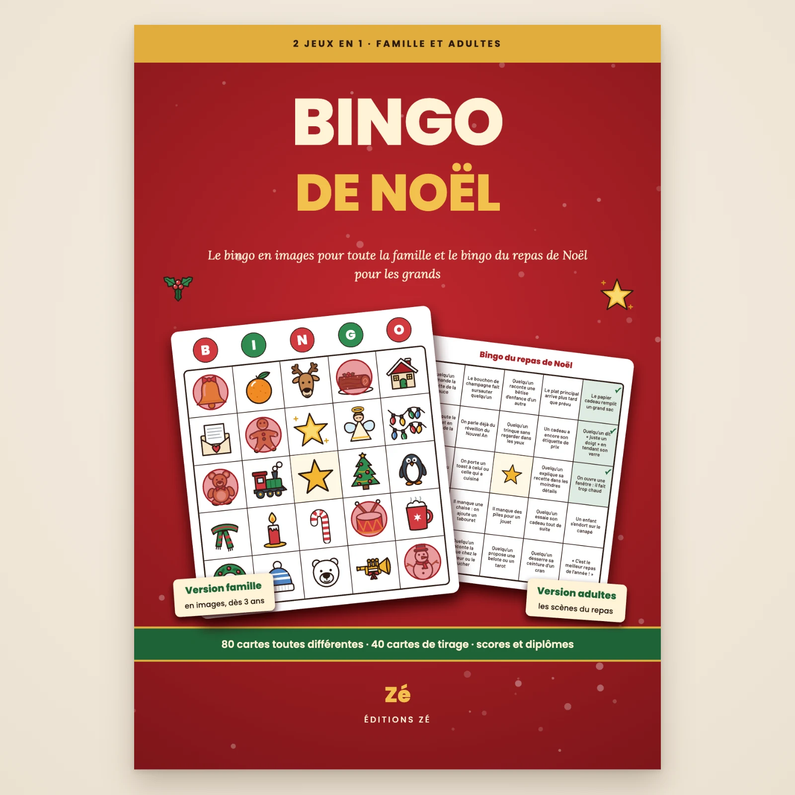 Couverture du livre « Bingo de Noël » de Zé : une carte de bingo en images (cloche, renne, sapin, manchot…) et une carte du bingo du repas de Noël sur fond rouge, 2 jeux en 1, version famille et version adultes